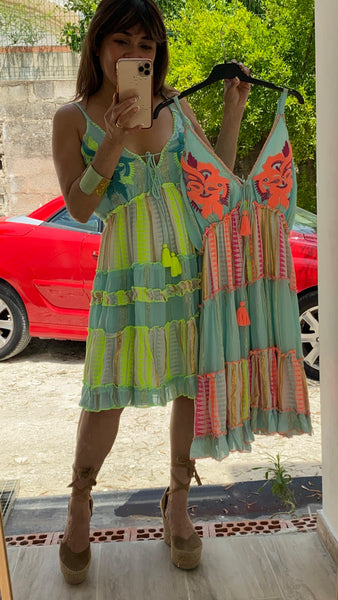 Vestido fluor de algodón en tonos verdes y turquesa