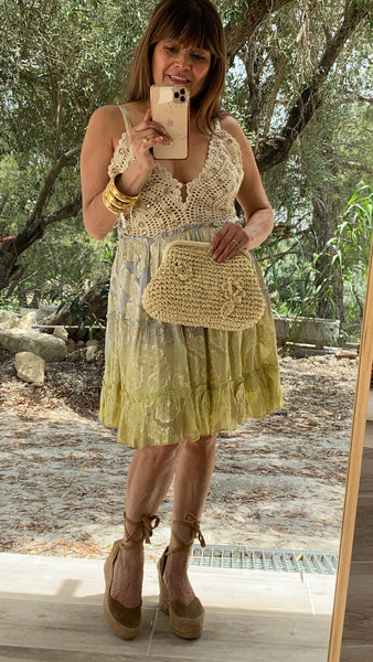 Vestido verano en croché combinado con tela degradada con dorado