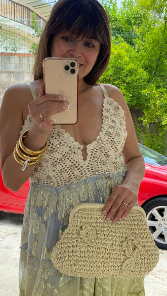 Vestido verano en croché combinado con tela degradada con dorado
