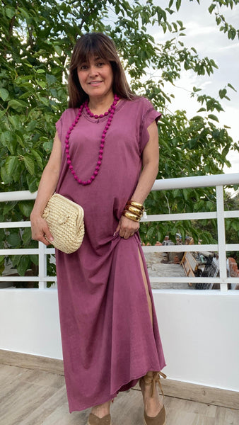 Vestido largo de algodón color fucsia lavado