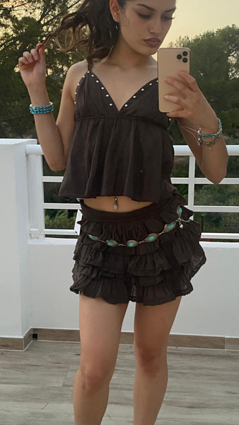 Falda pantalón de algodón marrón chocolate con volantes