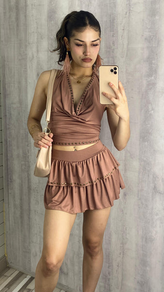 Conjunto de punto en rosa maquillaje