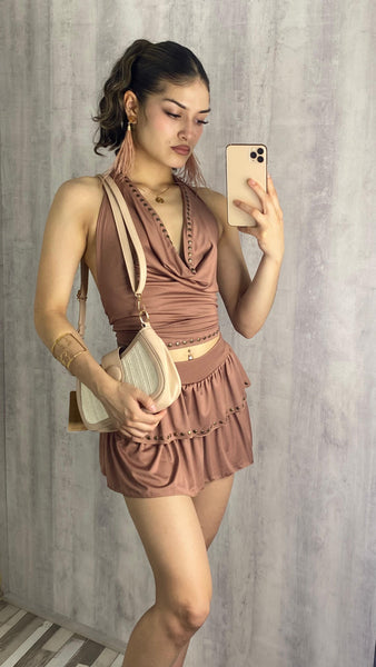 Conjunto de punto en rosa maquillaje