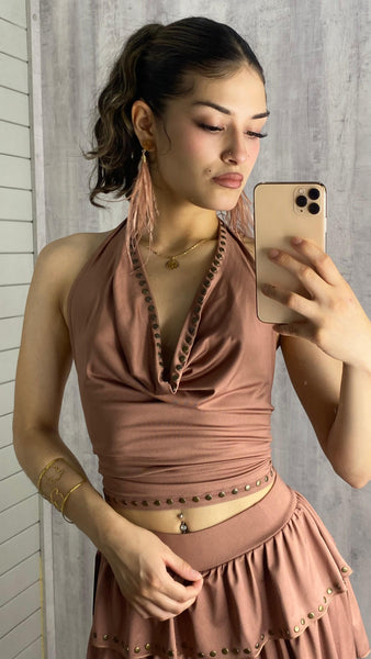 Conjunto de punto en rosa maquillaje