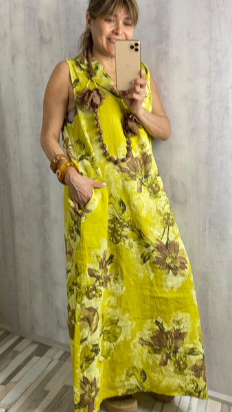 Vestido 100% lino en amarillo y marrones