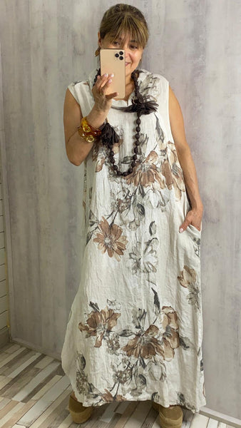 Vestido 100% lino en blanco roto y marrones
