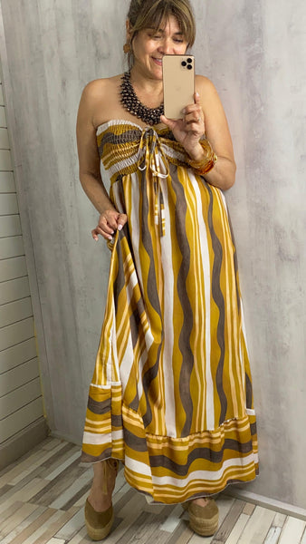 Vestido a rayas marrón blanco y amarillo