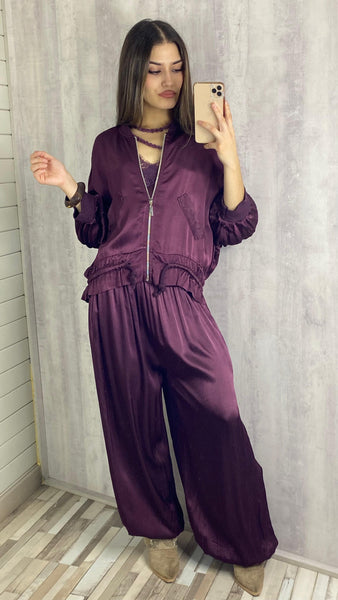 Conjunto satinado color berenjena 2 piezas de bomber y pantalón