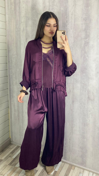 Conjunto satinado color berenjena 2 piezas de bomber y pantalón
